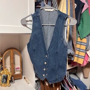 Denim Button-Front Vest in Dark Blue